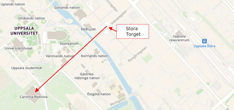 Annotated map of Uppsala showing Carolina Rediviva