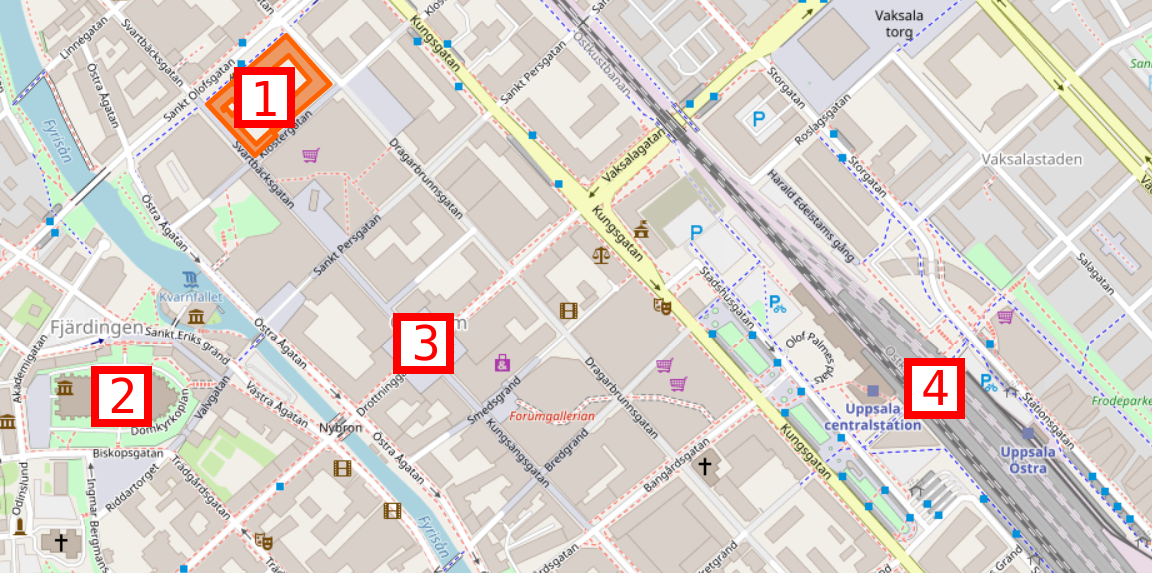 Annotated map of Uppsala showing the Stadsbibliotek